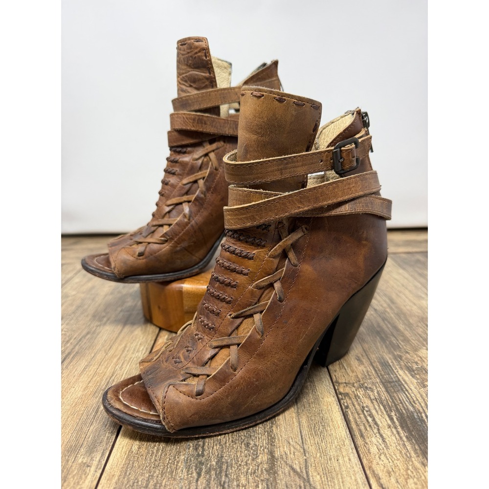 Freebird by Steven Eagle Leather Open Toe Booties Brown Woven Ankle Boots 8